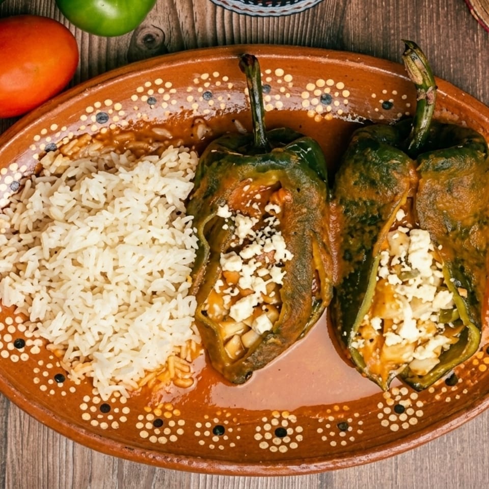 Hands holding a traditional Mexican plate with two chile rellenos, rice, and sauce.