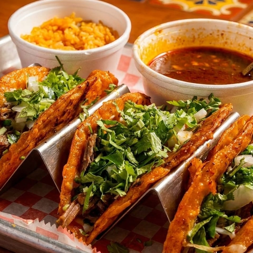 Birria tacos with rice, consommé, and salsa on a metal tray with red and white checkered paper.