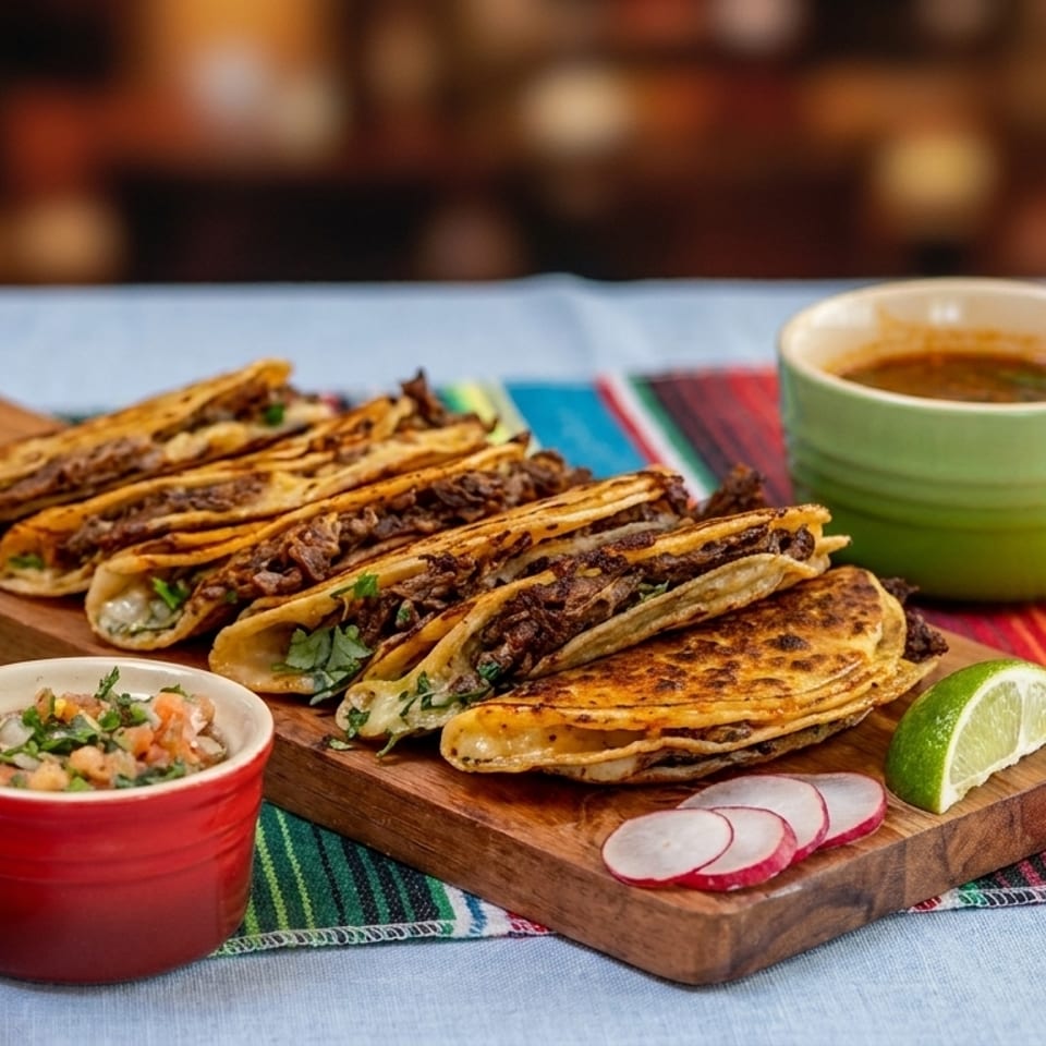 Birria tacos, rice, beans, salsa, and consommé on a colorful striped placemat.